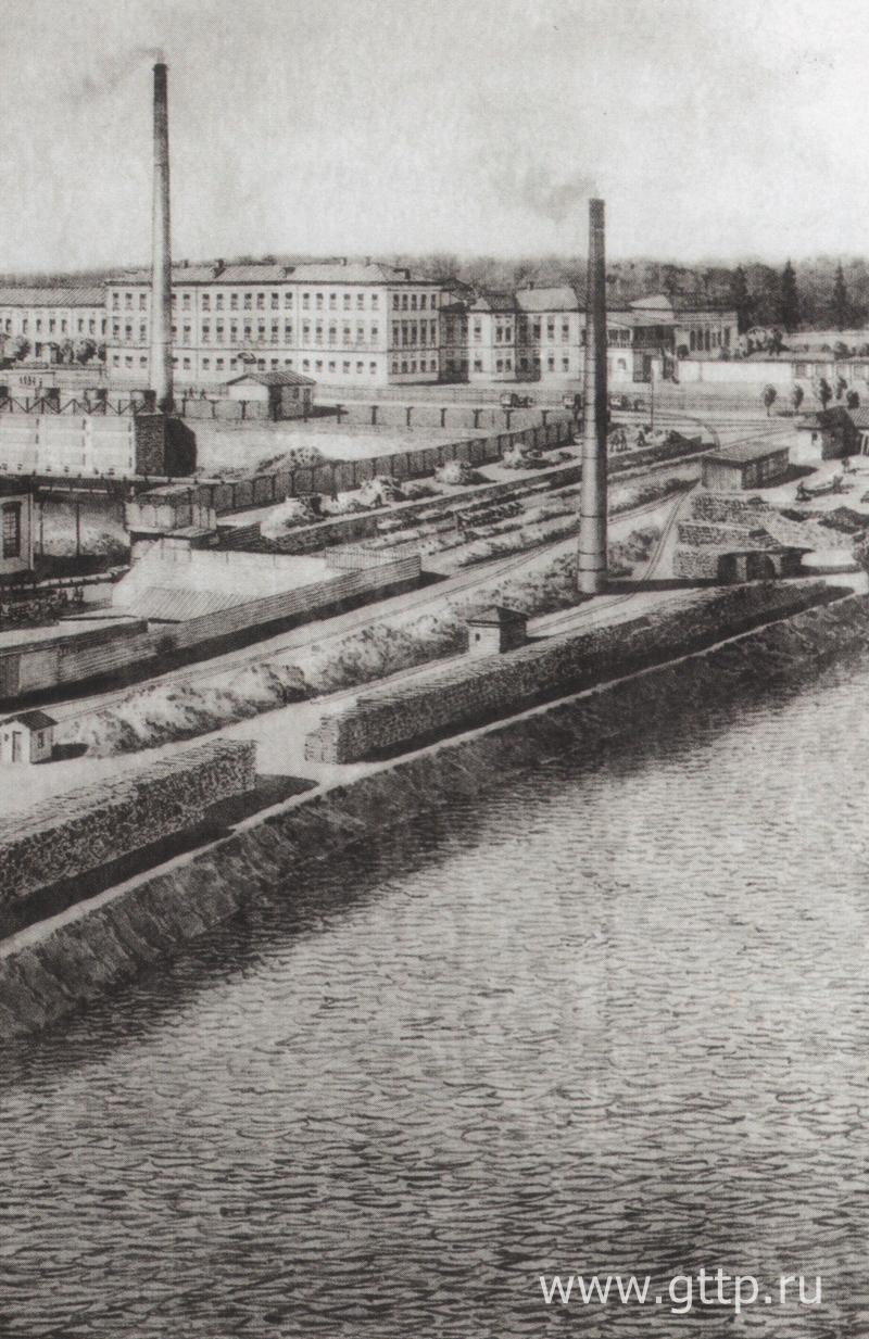 Гравюра с плаката АО «Выксунские горные заводы» – вид на плотину Верхне-Выксунского пруда (1910-е годы)
